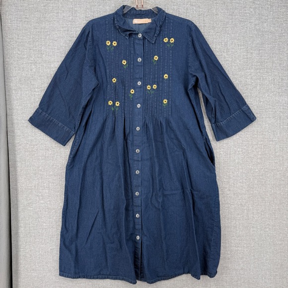 la cera Dresses & Skirts - La Cera Denim Embroidered Floral Shirt Dress Women L Blue Cotton Boho Cottage